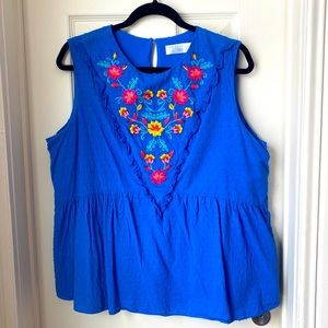 Time and Tru Blue Floral Embroidered Peplum Top